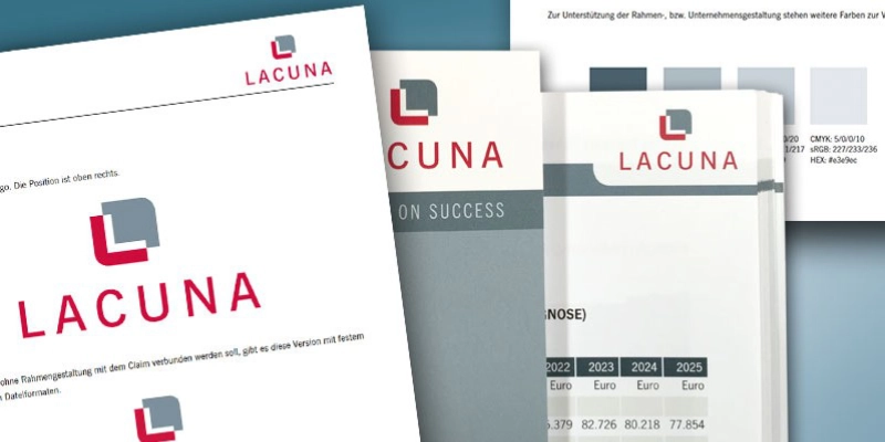 Broschüren, die das neue CI von Lacuna zeigen